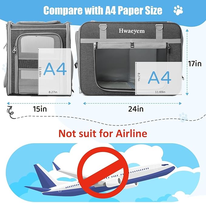 Extra Large Cat Carrier for 2 Cats with Wheels, 24" X 15" X 17" Dual-Compartment Cat Car Travel Carrier, Breathable Rolling Dog Carriers for Small Dogs with Zipper Locks, Light Gray