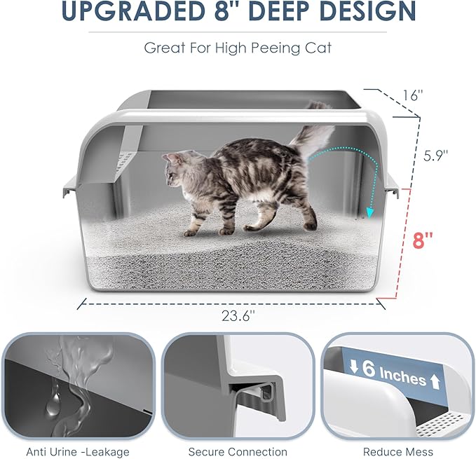 2 Pack 8" Deep Stainless Steel Litter Box with Lid, Extra Large & Deep Stainless Steel Cat Litter Box for Multipul Cats, Metal Litter Pan with Anti-Leakage High Wall, Litter Pan Easy Cleaning