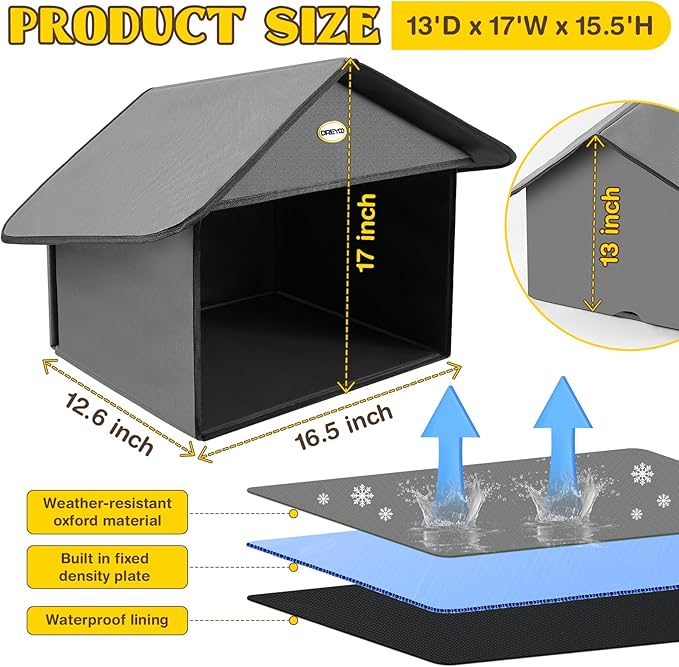 Dreyoo 1 Pack Outdoor Cat Feeding Station for Food & Water, Weatherproof Outdoor Kitty Dining Room Cat Shelter for Stray, Feral Cats and Community Cats, 13”d x 17”w x 15.5'h (Dark Grey)