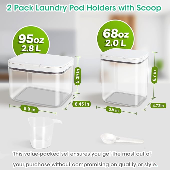 2 Pack Laundry Pods Container with One-Click Pop-up Lid, 95 oz + 68 oz Laundry Room Detergent Storage Container for Laundry Powder, Scent Booster, Dryer Sheet, Dryer Ball, Dishwasher Pod Holder