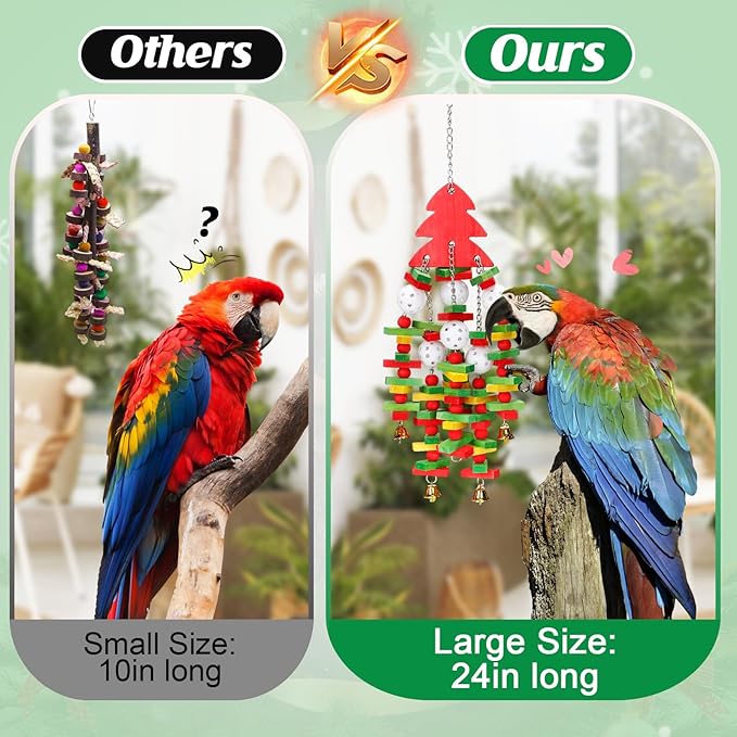 MEWTOGO Christmas Large Bird Toy - Natural Wooden Parrot Chewing Toy With Colorful Edible Blocks for Macaw African Grey Amazon Parrots, Xmas Gifts Bird Playing (Red)