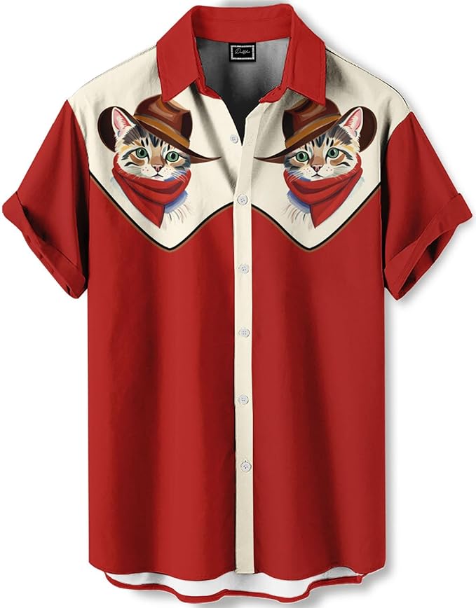 Men’s Hawaiian Shirt Western Cowboy Symmetrical Print Short Sleeve Button Down Casual Beach Holiday Summer Shirt