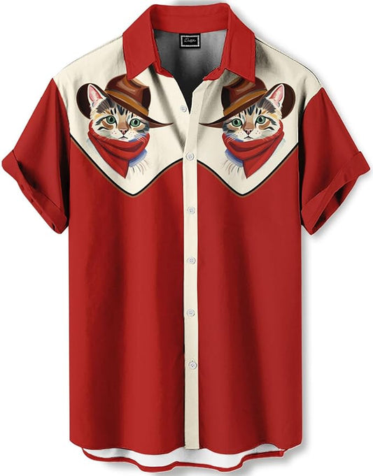 Men’s Hawaiian Shirt Western Cowboy Symmetrical Print Short Sleeve Button Down Casual Beach Holiday Summer Shirt