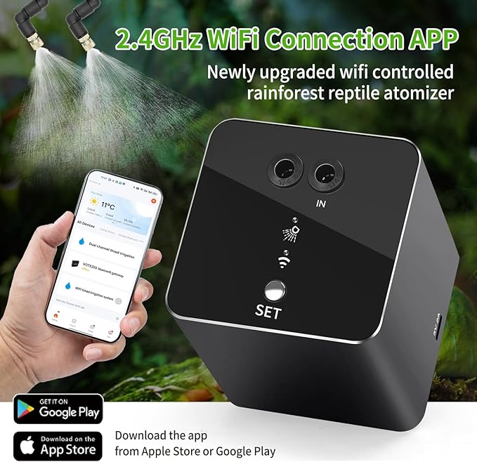 Reptile mister, WiFi reptile humidifier withAPP control, automatic mister for reptile tank,terrarium, adjustable 360° nozzle, self-priming pump, easy to use