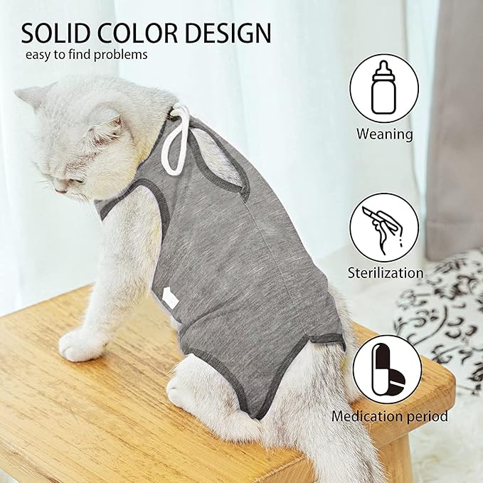 Kitten Onesies,Cat Recovery Suit for Abdominal Wounds or Skin Diseases,After Surgery Wear Anti Licking Wounds,Breathable E-Collar Alternative for Cat Grey S