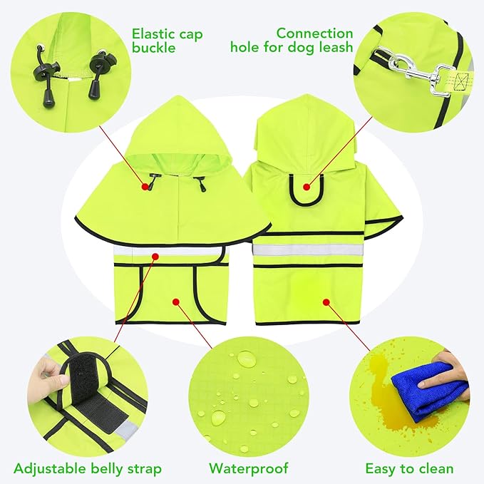 Adjustable Dog Raincoat with Hood - Waterproof Lightweight Pet Rain Coats, Reflective Dog Rain Jacket & Poncho Slicker for Dog Walking (X-Large, Green)