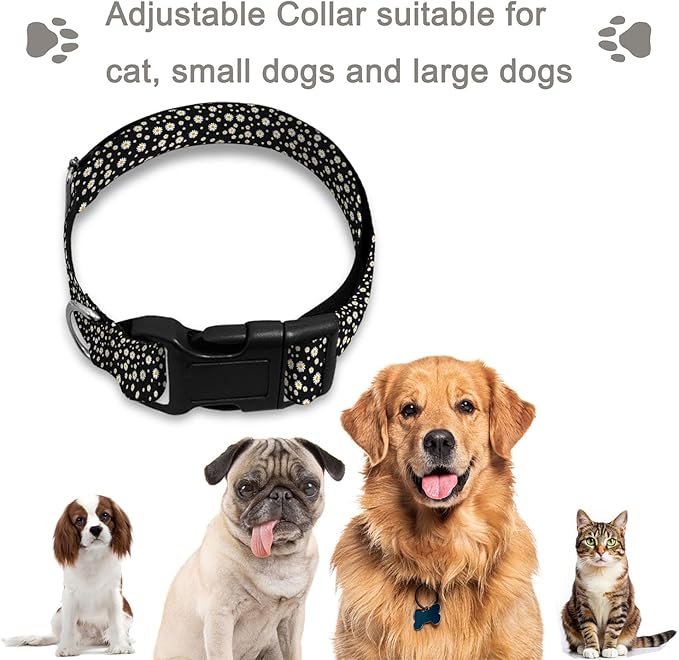 White Daisy Flower Black Dog Collar Cat Big Neck Collars Soft for Small Extra Large Heavy Duty Pet Dogs