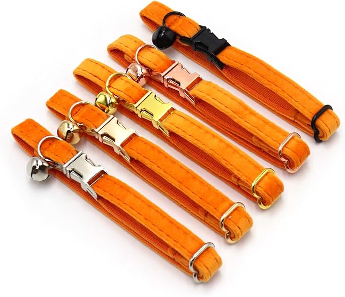 Personalized Cat Collar with Bells,Velvet Customized Small Cat Collar with Name Tag,Pet Collar with Name Phone Number Engraved ID Tags for Boy and Girl Kitten Cats (Orange)