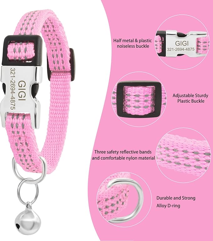Personalized Reflective Nylon Cat Collar with Name Phone,Custom Engraved Buckle Cat Collar with Bell,Adjustable for Small Dogs Puppy Kitten (Pink,fit 7.5''-12.0'')