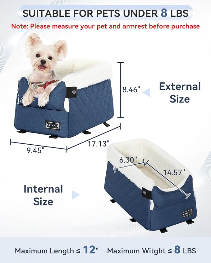 PETSFIT Center Console Dog Car Seat with Safe Protection Hooks, Pet Car Seat with Upgraded Safety Tethers, Washable Cushion, Console Dog Car Seats for Small Dogs Up to 8 Lbs(Blue)