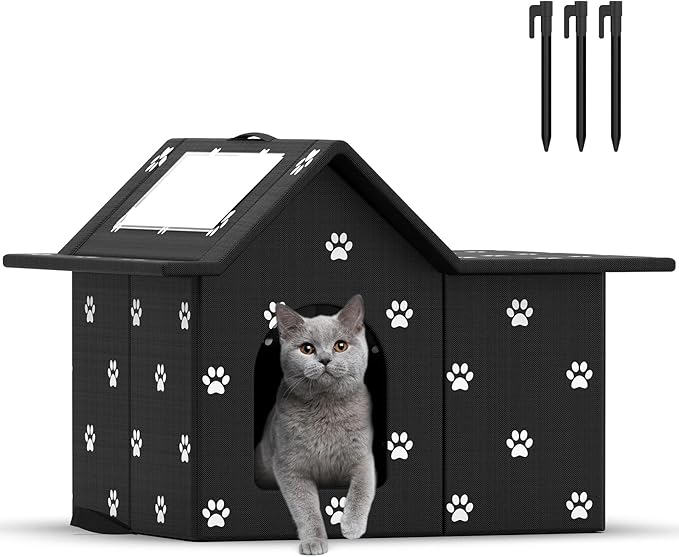Outdoor Cat House Weatherproof, Large Feral Cat House for Winter, Collapsible Outdoor Cats Shelter in Winter with Door and Soft Mat, Easy to Assemble (Black)