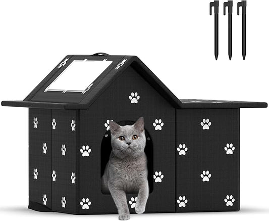 Outdoor Cat House Weatherproof, Large Feral Cat House for Winter, Collapsible Outdoor Cats Shelter in Winter with Door and Soft Mat, Easy to Assemble (Black)