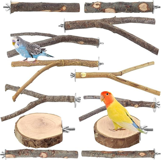Natural Wood Bird Perches for Cage, Parrot Perch Stand & Platform, Bird Cage Accessories for Parakeets, Cockatiels, Conures, Lovebirds (Brown, Deluxe Playground Set - 12PCS)