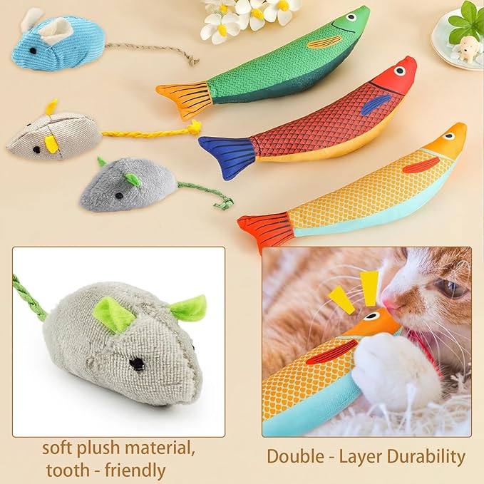 Cat Kicker Toy 6-Pack Organic Catnip Toys for Cats Squeak Mice Set with Rattle Crinkle Sound Soft Teething Chew Interactive Flopping Toys for Indoor Kittens Durable Fish-Shaped Kicker Relieve Boredom