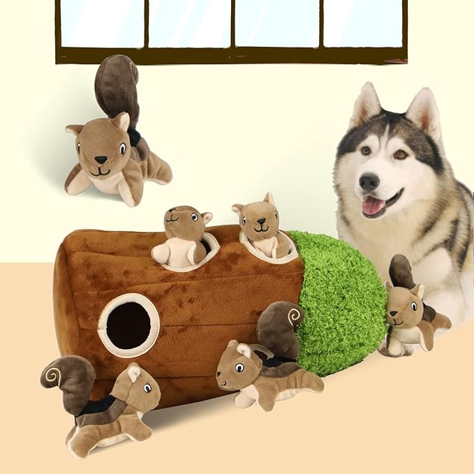 Interactive Squeaky Dog Toys Squirrel Dog Toy, Stuffing Woodland Friends Burrow, Squeaky Plush Dog Toys for Small Medium Large Dogs Small Size (Large)