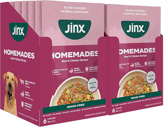Jinx Beef Wet Dog Food Topper, Mix with Dry Dog Food, Made with Real Beef & Chicken, Bone Broth & Brown Rice, No Fillers, Puppy, Adult, Senior, 9oz, 12 Pack