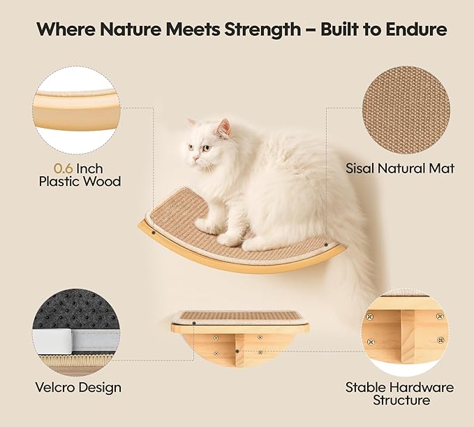 Wood Cat Wall Bed with Sisal Mat – Curved Cats Shelf for Scratching and Sleeping, Wall Mounted Cat Furniture for Large Cats