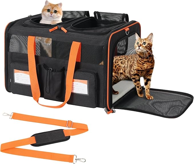 22''(L) x 16''(W) x 14''(H) Large Double pet Carrier for 2 Small-Medium Cats and car Travel,with a Removable Divider,Large Loading top,4 Pockets and Zipper Locks.