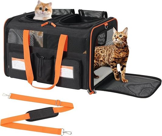 22''(L) x 16''(W) x 14''(H) Large Double pet Carrier for 2 Small-Medium Cats and car Travel,with a Removable Divider,Large Loading top,4 Pockets and Zipper Locks.