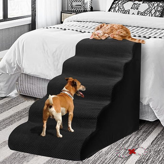 Dog Stairs&Steps for High Beds Up to 28'', 5-Step Dog Ramp for Small Medium Dogs with Washable Cover, Pet Steps for Cats to Get on Couch and Sofa, Durable Foam Ladders, 24.4" Tall, Black