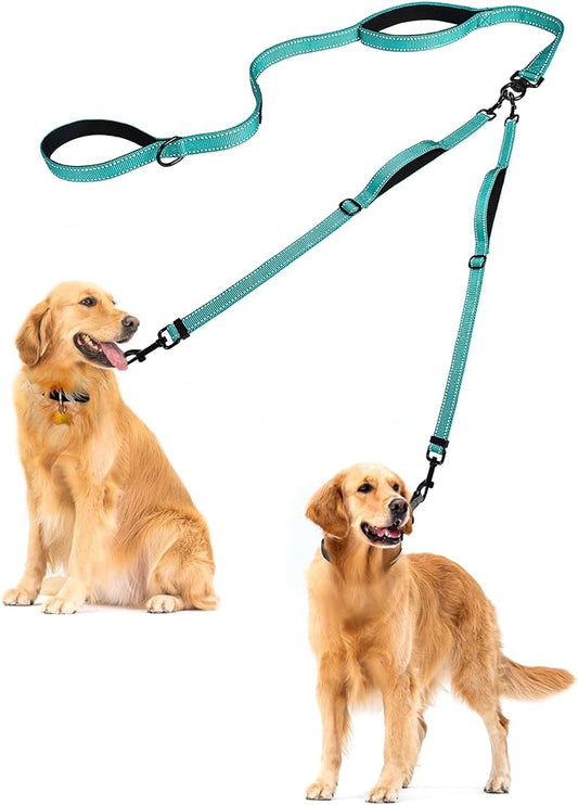 PetBonus Double Dog Leash, No Tangle Dual Leash, Reflective Walking Training Lead, 4 Comfortable Padded Handles for 2 Dogs with Collapsible Bowl and Waste Bags (Turquoise, Large)