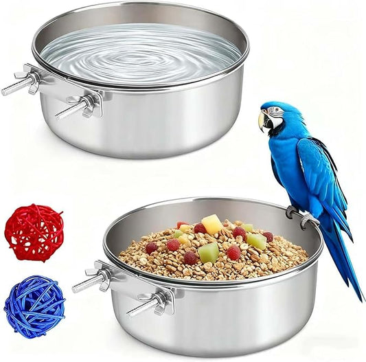 2 Pcs Stainless Steel Bird Food Water Bowls, Parrot Feeding Dish Cups with Clamp Holder Bird Ball Toys for Chinchilla, Cockatiel, Conure, Budgies, Parakeet, Lovebirds, Small Animals (Small)