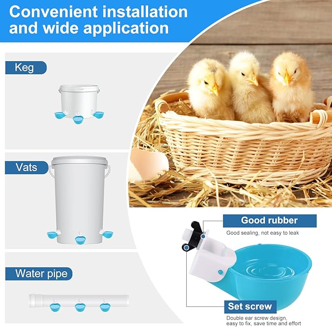 Chicken Waterer Cups (8 Pack/Light Blue) - DIY Automatic Large Chicken Water Feeder for Ducks,Chicks, Turkeys, Quail, Bunny, Bird and Other Various Poultry Dispenser with Matching Drill