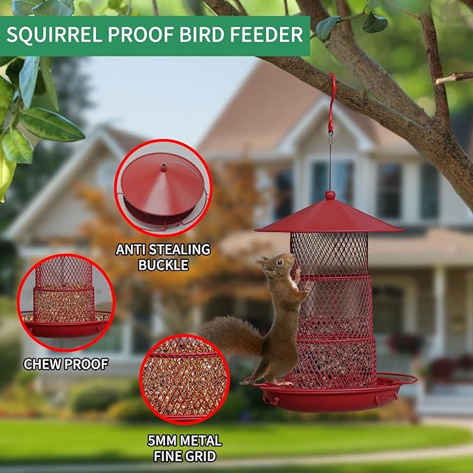 Bird Feeders for Outdoors, Hanging Metal Bird Feeder with 4.5LB Large Capacity, Red Wrought Iron Feeder,Sturdy & Weatherproof, Easy to Clean & Refill, Great for Attracting Wild Birds