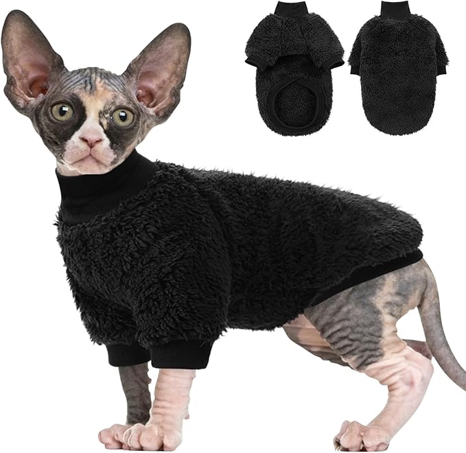 SUNFURA Sphynx Cat Sweater, Hairless Cats Turtleneck Pullover Kitten Sweaters for Cats Only, Warm and Soft Cat Pajamas Shirt with Sleeves Pet Winter Clothes Fleece Jumpsuit for Puppy, Black L