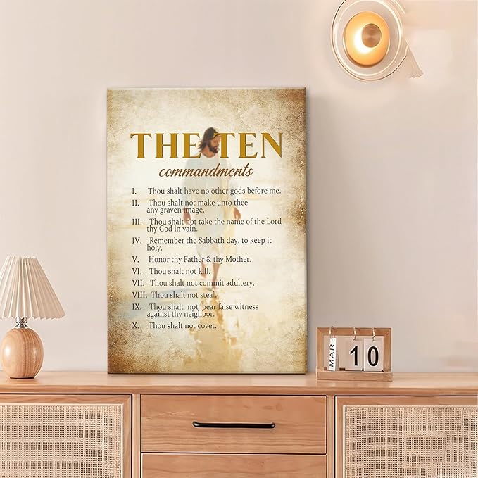 The Ten Commandments Christian Pictures Wall Art, Bible Verse Jesus Bathroom Wall Decor Religion Scripture Framed Painting Religious Canvas Artwork for Church Bedroom Living Room 24"L x 16"W