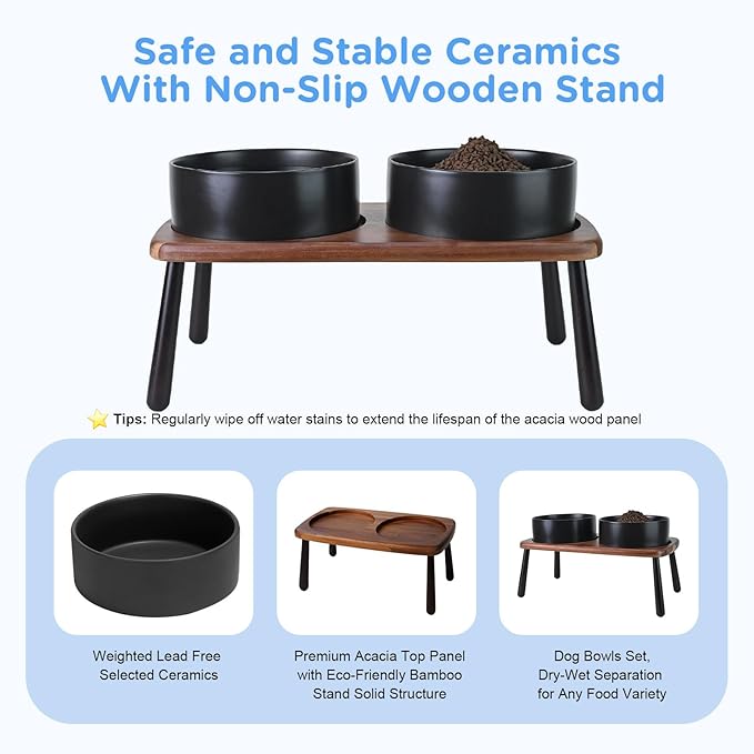 SPUNKYJUNKY Ceramic Elevated Dog Bowls Raised with Acacia Bamboo Wooden Stand, 8.3'' Dog Food Water Bowls Set Non-Slip for Medium Large Sized Breed Microwave Dishwasher Safe - 60 OZ,Black