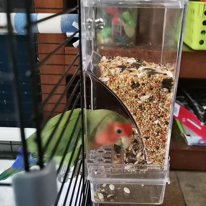 No Mess Bird Feeder for Cage, Automatic No-Spill Transparent Parrot Feeder Acrylic Cockatiel Seed Feeders with PerchParakeet Food Container Cage Accessories for Small Medium Cockatoo Finch