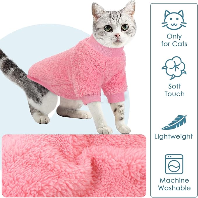 SUNFURA Sphynx Cat Sweater, Hairless Cats Turtleneck Pullover Kitten Sweaters for Cats Only, Warm and Soft Cat Pajamas Shirt with Sleeves Pet Winter Clothes Fleece Jumpsuit for Puppy, Pink L
