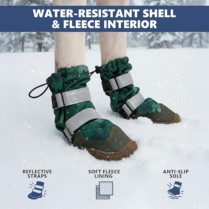 Spark Paws Dog Shoes, Waterproof Dog Boots for Medium to Large Dogs, Non Slip, Breathable Dog Booties and Paw Protectors - 4PCS Doggie Hiking Boots with Reflective Straps, Green Camo, Size 8