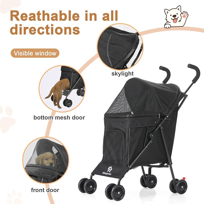 Wedyvko Travel Portable Dog Stroller, Pet Stroller for Small Puppy Dogs & Cats, Up to 33 lbs, Black