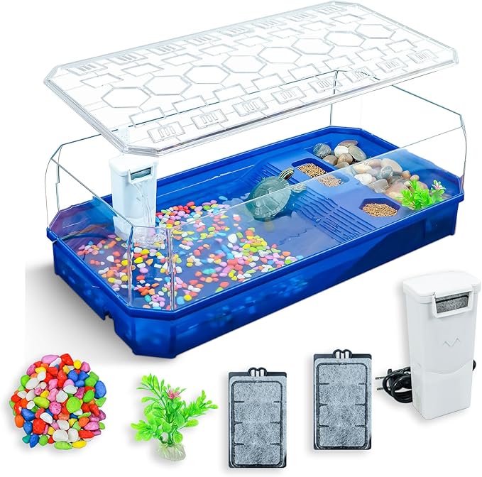 Aquatic Turtle Tank Habitat Kit Stone+Filter+Heat Lamp Enhancing Interaction with 360° Viewing, Standalone Filtration, DIY Creative Zone, Enriched Living (Blue, L[Without Light])