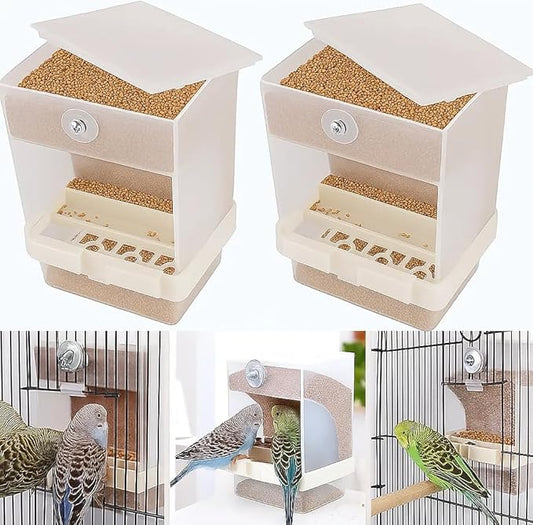 No Mess Bird Feeder, Automatic Acrylic Seed Catcher with Perch, Clear Food Container for Cage, Fits Parakeet, Cockatiel, Canary, Finch, Budgie, Lovebird (2 Pack)