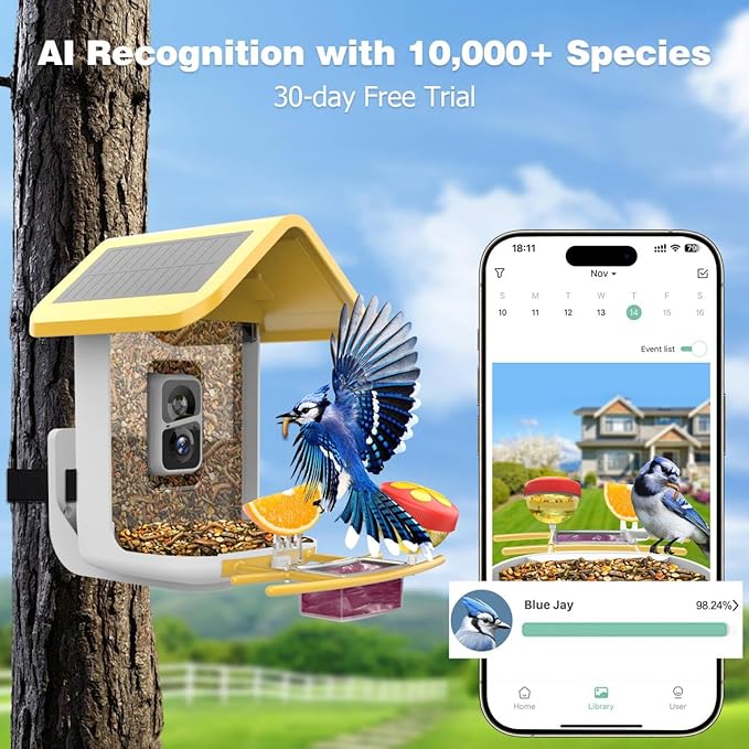 Bird Feeder with Camera: Solar Powered Smart Bird Camera Feeder 2K Live Feed for Backyard - AI Identify Auto Capture Videos, Gifts for Birdlovers Mom Dad, 2.4GHz WiFi