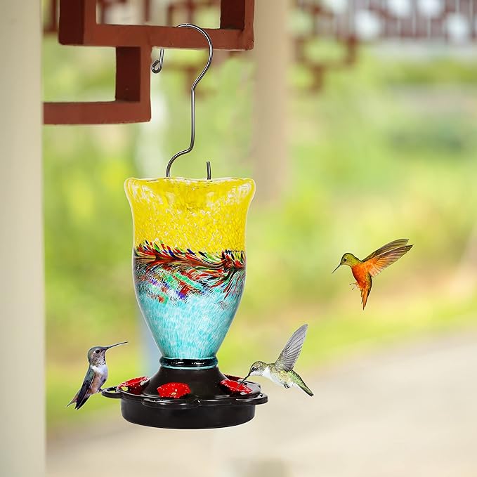 LUJII Hummingbird Feeders for Outdoors with Ant Proof, Handmade Blown Glass Hummingbird Feeder for Outside with S Hook, 25 fl.oz, Leak Proof, Multiple Functions Vase or Garden Decor, Blue Mixed Yellow