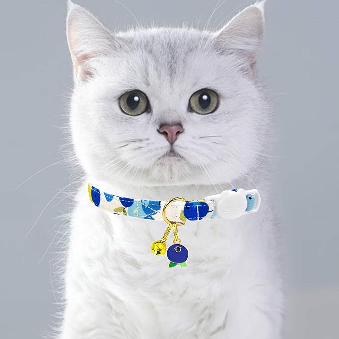 2 Pack Cotton Breakaway Cat Collars Set with Bell and Flower Pendant, Cute Floral Fruit Patterned, Adjustable 7.5-11Inch, Include A Mouse Toy Gift (Watermelon Blueberry)