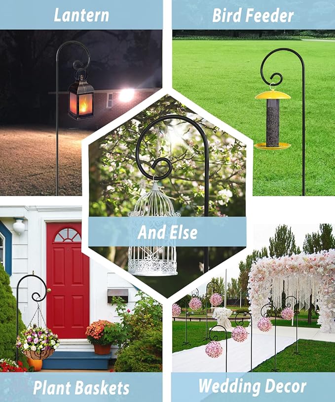 Outdoor Shepherd Hooks 76 inch Tall for Bird Feeder (2 Packs), Adjustable Metal Garden Poles for Hanging Plants Solar Light Lantern, Bright Black