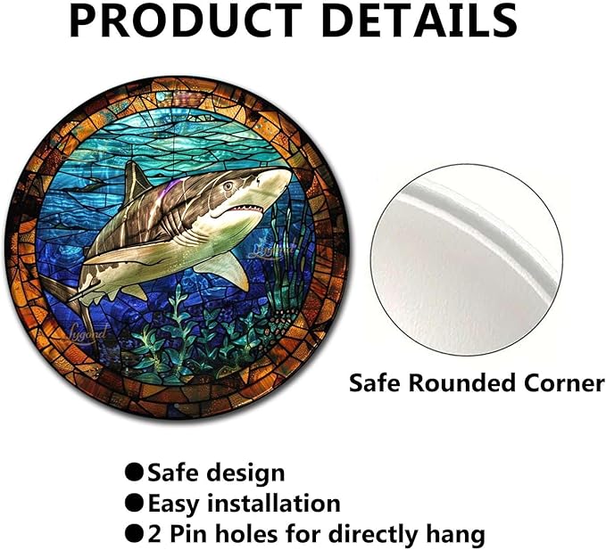 Lygond Metal Sign Tin Sign Circular Stained Glass Shark Funny Outdoor Decor for Garage 8×8 Inches