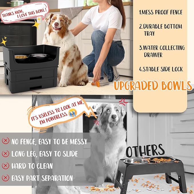 Mess Proof Pet Bowls, No Mess Dog Food and Water Bowl, Pet Feeding Station with 2 Stainless Steel, Spill-Proof Pet Feeder for Medium and Large Dog, Black