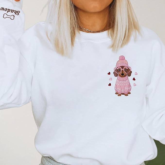 NAZENTI Embroidered Dachshund Sweatshirt with Dog Name on Sleeve, Personalized Valentines Dog Mom Shirt, Wiener Dog Gifts
