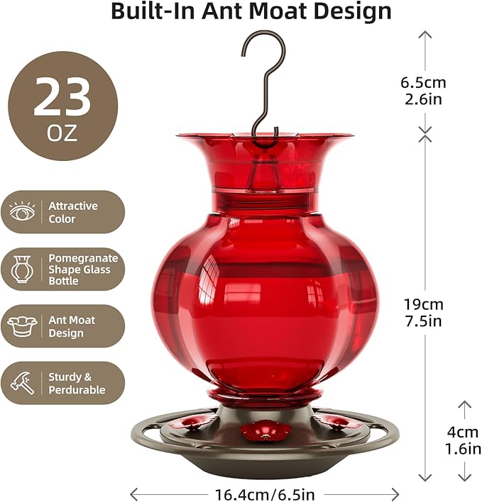 Auslar Hummingbird Feeder, Red Glass Hummingbird Feeders for Outdoors Hanging with Ant Moat, 5 Simulation Flowers Feeding Ports, 23 Ounces, Rustproof, Fade Proof, Pomegranate Shape