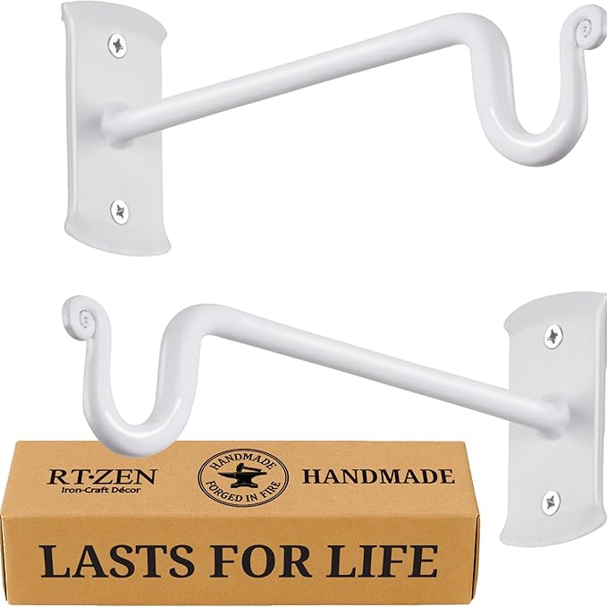 RTZEN Plant Hangers Outdoor or Indoor - Wrought Iron Metal Hanger Indoor Hook - Heavy Duty Wall Bracket Hooks for Hanging Plants Baskets Lanterns Wind Chimes - 2 Pack (White Shepherds Hooks)