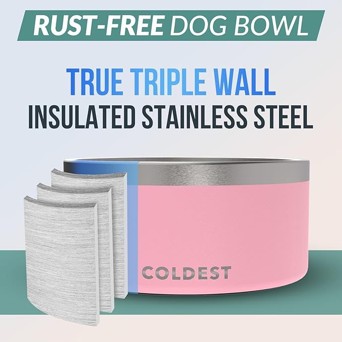 Coldest Dog Bowl - Anti Rust Metal, Non Slip, 3 Layers Insulated Stainless Steel Dog Bowls - Spill Proof & Heavy Duty - Water Bowl for Dogs, Cats & Pets, Dish Washer Safe (200 oz, Cotton Candy Pink)