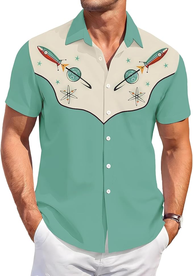 Men’s Hawaiian Shirt Western Cowboy Symmetrical Print Short Sleeve Button Down Casual Beach Holiday Summer Shirt