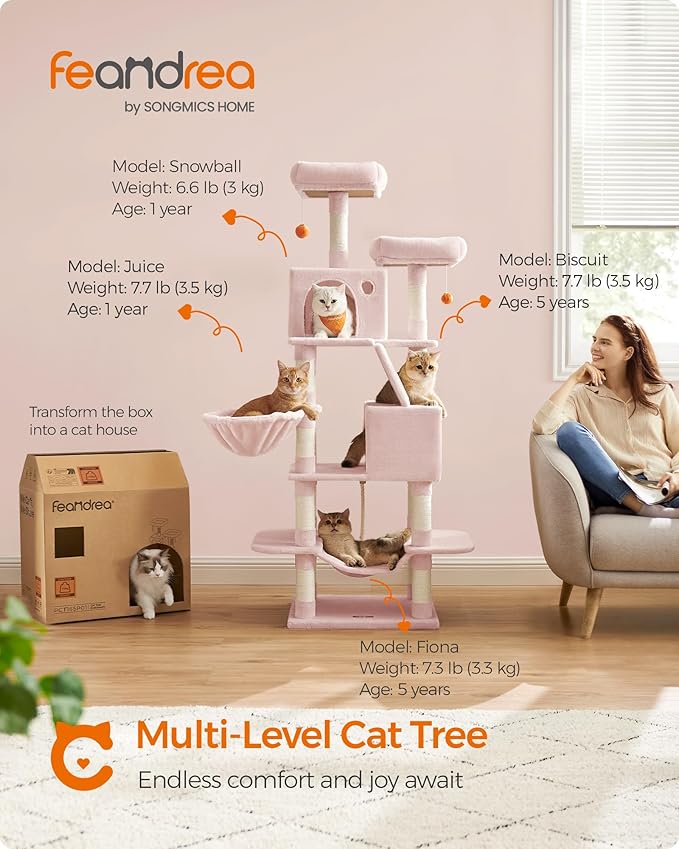 Feandrea Cat Tree, 66.1-Inch Large Cat Tower with 13 Scratching Posts, 2 Perches, 2 Caves, Basket, Hammock, Pompoms, Multi-Level Plush Cat Condo for Indoor Cats, Jelly Pink UPCT165P01