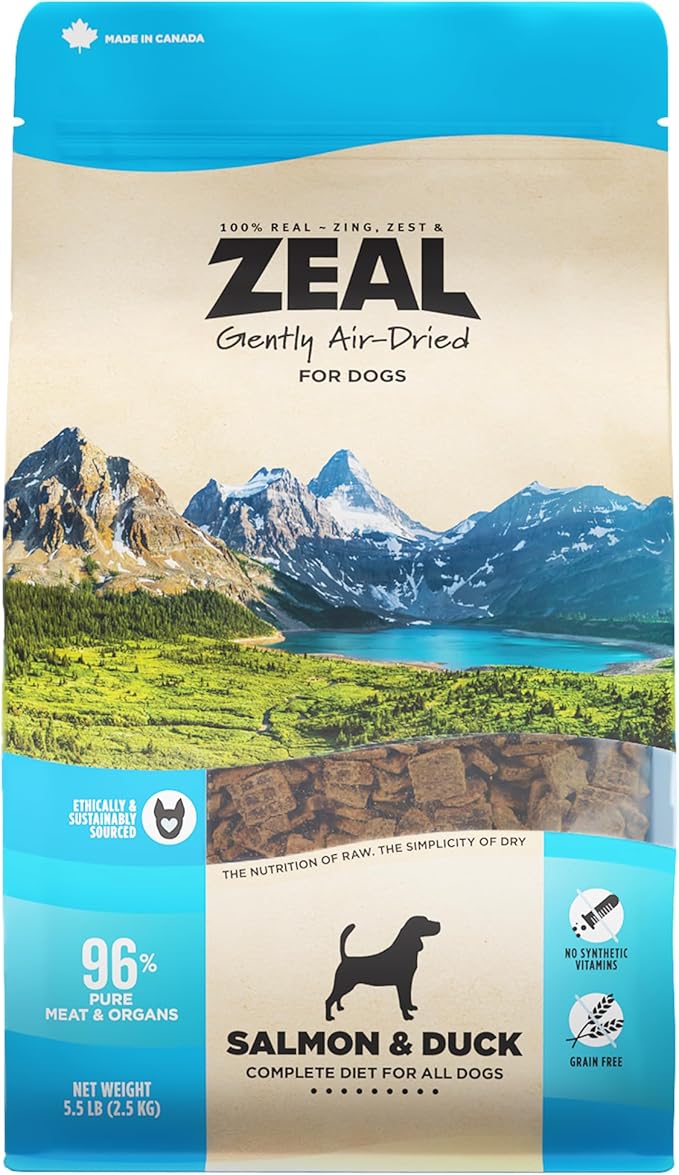 ZEAL Canada Air-Dried Salmon & Duck Recipe for Dogs - Superfood Omega-3 Rich, Dual-Protein, Grain Free, No Fillers, Complete Nutrition (Salmon & Duck, 5.5 lb)